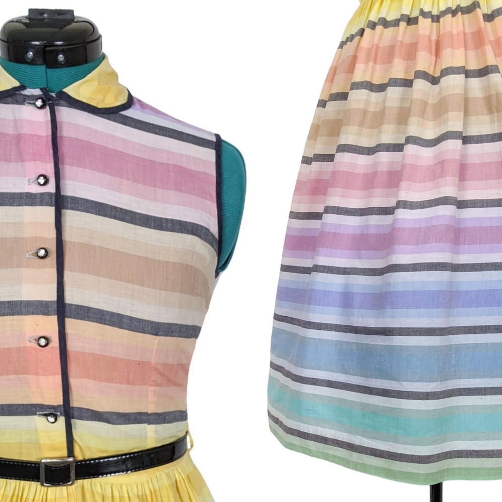 1950s Rainbow Dress 50s Vintage Fit N Flare Summer Tea Retro XS Rhinestone RARE - Picture 5 of 11